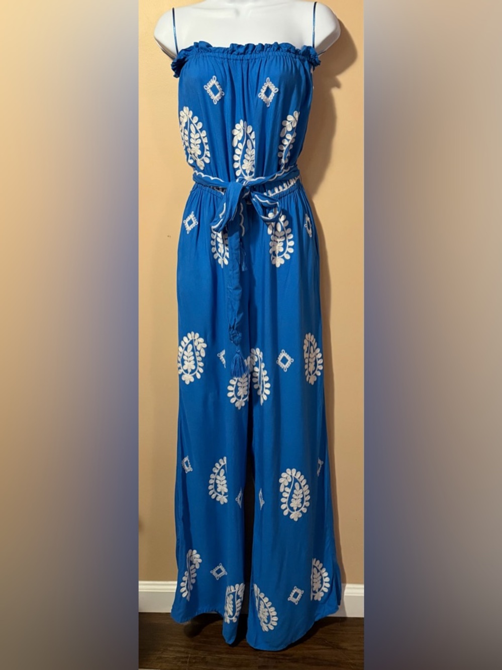 Elan Cobalt Blue Strapless Wide-Leg Jumpsuit with White Embroidery